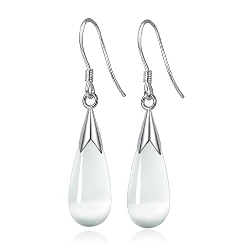 CERSLIMO Silver Drop Earrings for Women Long Dangle Earrings with White Opal Stone | White Gold Plated Water Drop Dangly Earrings Jewellery Gifts for Christmas Birthday Teardrop Dangling Earrings