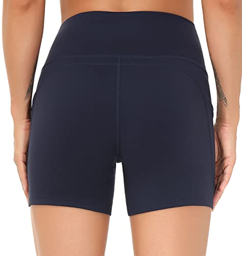 Image of THE GYM PEOPLE High Waist Yoga Shorts for Women's Tummy Control Fitness Athletic Workout Running Shorts with Deep Pockets