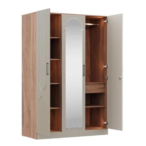 Image of Wakefit Wardrobe for Bedroom | 3 Yr Warranty | Cupboard for Bedroom, Almirah, Wooden Wardrobe,Comes with LED light, Storage Drawer, Mirror & Hanger, Density:680-750 kg /m, Free Installation(Tyrian-CB)