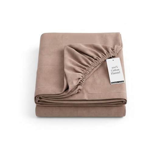 Image of Tribeca Living Queen Flannel Fitted Sheet 170 GSM Brushed Cotton - Extra Deep Pocket Fits Mattresses up to 24 Inches - Warm and Cozy for Cold Nights in Cashmere