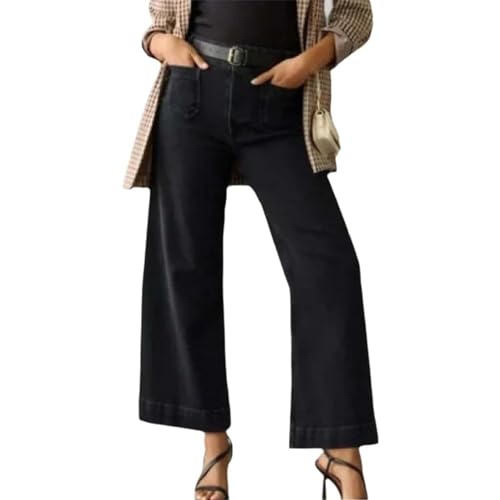 Tummy Control Cropped Wide-Leg Jeans for Women,Cropped Jeans，Cropped Wide Leg Pants with Patch Pocket