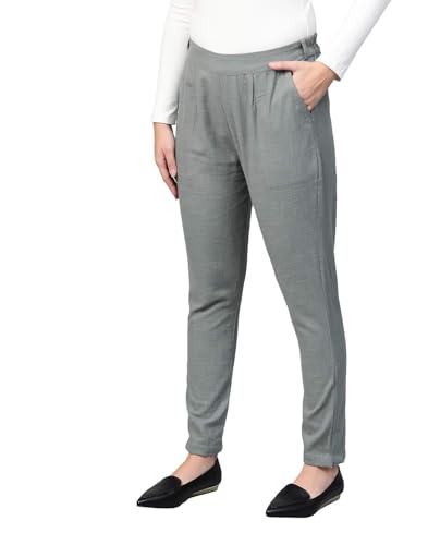 Image of Yash Gallery Women's Regular Fit Mid Rise Solid Cotton Slub Ankle Length Regular Trouser Pant