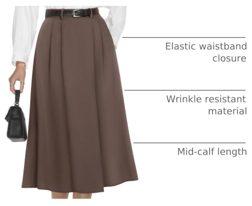 Image of Casly Lamiit A-Line Midi Skirts for Women Business Skirt | Elastic High Waisted, Pleated with Pockets, Work Skirts Casual