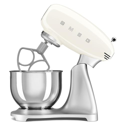 Image of SMEG SMF04 5-Qt Stand Mixer with Smooth Start & SteadyMix, 600W Motor, 10 Speeds, Stainless Steel Bowl & Pour Shield - Retro 50's Style Planetary Mixer for Bread Dough, Baking & Desserts-Cream