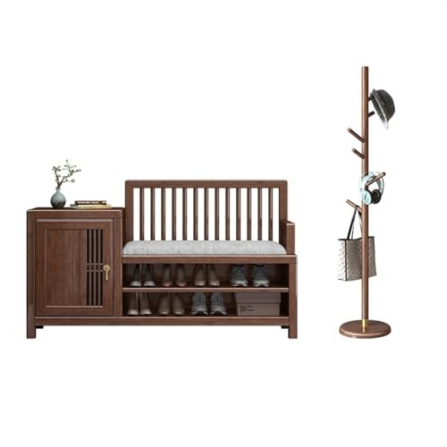 Shoe Rack Shoe Bench Combo with Freestanding Coat Rack, Solid Wood Shoe Storage Organizer with Storage Cabinet and Seat Cushion Shoe Organizer (Color : Set3) (Set2)