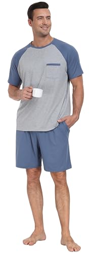 PrinStory Mens Pajama Set Summer Pjs Sleepwear Nightwear Lightweight Quick Dry Soft Short Sleeve Sleep Set With Pocket S-4XL4