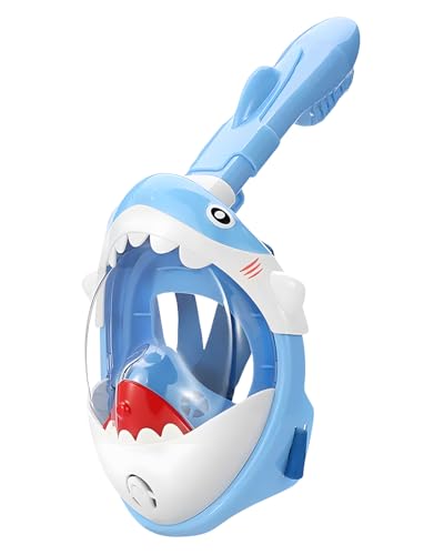 Torlaist Full Face Snorkel Mask Kids Blue Shark Designed for 5-10 Years Old - 180Super High-Definition View Anti-Fog Anti-Leak and Dry Top Function for Kids Snorkel Mask Diving