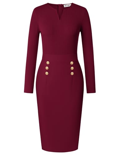 GRACE KARIN Women's 2025 Fall Henly V Neck Business Work Dress Long Sleeve Bodycon Midi Elegant Office Sheath Dress
