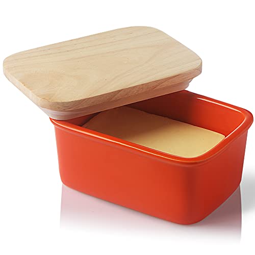 SWEEJAR Porcelain Butter Dish with Lid, Airtight Large Butter Keeper with Wooden Lid, Butter Container Perfect for 2 Sticks of Butter West or East Coast Butter(Orange)