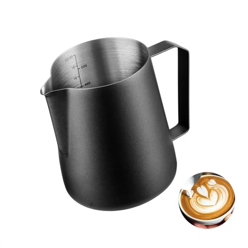Wrobic Milk Frothing Pitcher 20oz/600ml, Stainless Steel Milk Jug for Making Latte Art and Coffee Cappuccino,Latte Art Barista Steaming Pitcher Coffee Milk Frother Jug with Scale,Black