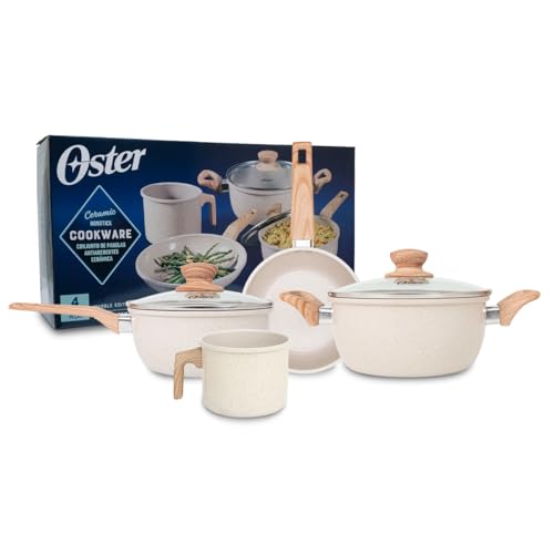 OSTER JOGO DE PANELAS E LEITEIRA MARBLE EDITION CREAM – 4 PEÇAS COM REVESTIMENTO CERÂMICO ANTIADERENTE, ALÇAS EM SILICONE ANTITÉRMICO E BASE COMPATÍVEL COM INDUÇÃO
