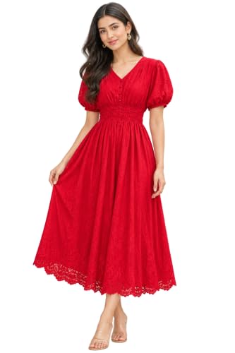 Leela store Red Lace Midi Dress with Puff Sleeves and Smocked Waist