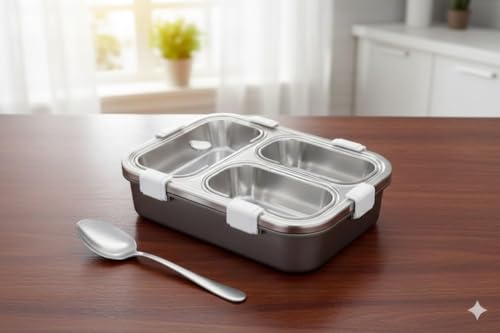 Image of Sanghariyat 3 Compartment Lunch Box Insulated Air Tight and Portable Utensils, Stainless Steel 100% Leak Proof with a Fork, a Spoon and a Pair of Chopsticks for School Kids -750Ml (Silver)