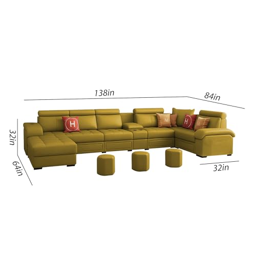 Image of Casaliving Emerson Modern U-Shaped Sectional Sofa Set 9 Seater, Sofa Couch with 3 Puffy for Hall (Yellow Colour) Premium Leatherette Fabric Sofa