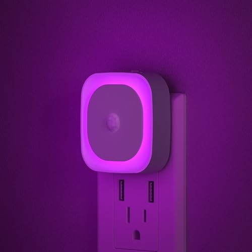 Image of YUNLEX 2 Pack Plug in Night Light with Motion Sensor & Dusk to Dawn Sensor, 3 Sensor Modes, Purple Lights Plug into Wall, Dimmable Calming Glow for Meditation, Relaxation, Bathroom