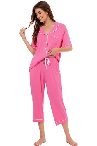 Image of LUBOT Womens Bamboo Viscose Pajamas for Women PJ Set 2 Piece Cooling Soft Short Sleeve Capri Pants Summer Sleepwear Set S-XXL