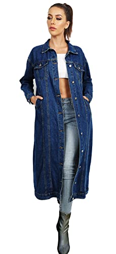 Jofemuho Womens Classic Jean Jacket Plus Size Loose Long Sleeve Button Down Denim Trench Coat
