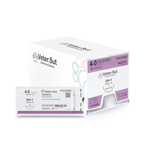 Image of VeterSut VetCRYL Absorbable Polyglactin Surgical Suture USP Size 4-0, (SH-1) 1 /2 22mm Taper Point Needle, 36 Inches (90 cm), 12 Count, Veterinary Use