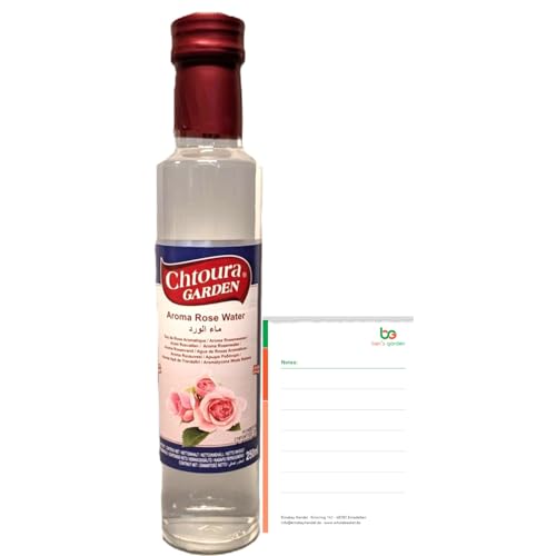Orientalisches Rosenwasser 250ml Glasflasche- ideal zum Backen und Kochen - Blütenwasser zur Aromatisierung von Süßspeisen, Backwaren und Getränken + Ben’s Garden Notizblock Set