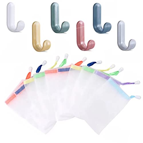 10er-Pack Body Wash Mesh-Beutel (+6 Stück selbstklebende J-Haken) - Schäumendes Mesh für Gesichtsreiniger - Doppeltes Seifen-Mesh - Einfach aufzuschäumen und wiederzuverwenden Cover