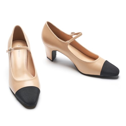 C.Paravano Mary Jane Pumps Women's Pumps Two Tone Almond Toe Block Heels Adjustable Strap Casual Party Wedding Shoes (Beige,8)
