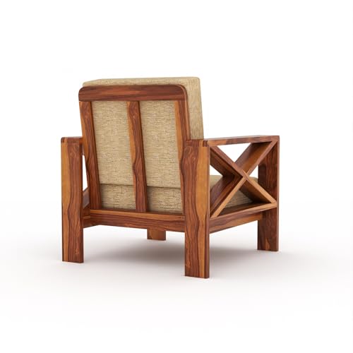 Image of Sheesham Wooden 1 Seater Sofa for Living Room | Rosewood 1 Seater Cushion Sofa X-Legs | Solid Wood Sofa Set for Lounge (1 Seater,Honey)