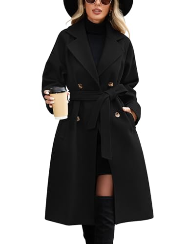 CMTOP Mantel Damen Lang Elegant Zweireihiger Trenchcoat Damen Revers Doppelreihiger Windjacke Warme Klassische Übergangsmantel Langer mit Gürtel und Tasche für Frühling...