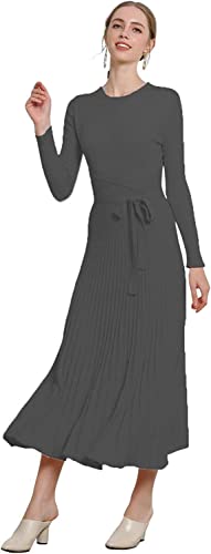 Image of Women's Long Sleeve Sweater Dress Ankle Length Fall Dress Vneck Knit Winter Dress