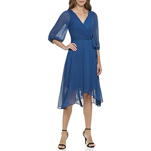 Image of DKNY Women's Chiffon Balloon Sleeve Faux Wrap Midi Dress with High-Low Hem