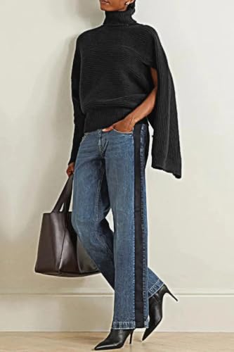 Huang's Women's High-Rise Wide Leg Jeans with Side Stripe, Medium Wash Denim, Black Stripe Detail3
