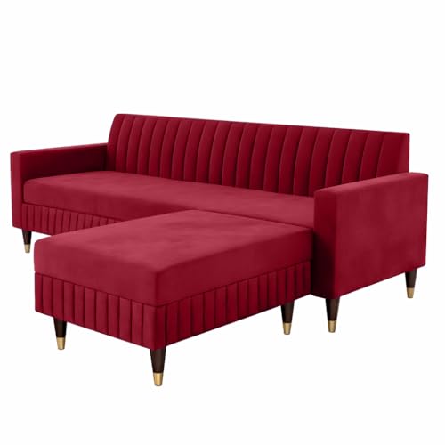 Image of AMATA Omega Solid Wood 4 Seater L Shape red Suede Velvet Fabric Sofa Set with Four Cushions Perfect for Home Office Guests Living Room (03 RED, Omega L Shape 4 SSEATER)(3 Year Warranty)