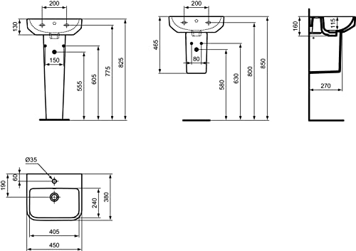 Ideal Standard - i.life B Rechteckige Unterhose, 45 cm, mit Loch für Armaturen, mit Überlaufloch, Weiß