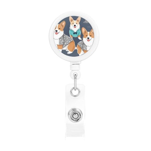バッジリール 格納式 クリップとキーホルダー付き 面白くてかわいいバッジクリップ 服を着ているコーギー 犬 IDカード バッジホルダー オフィスワーカー 医師 看護師用