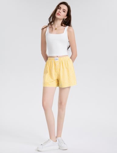 Image of LOMON Boxer Shorts for Women Summer Gingham Pajamas 2026 Lounge Sleep Pj Plaid Shorts Y2K Beach Bottoms with Pockets
