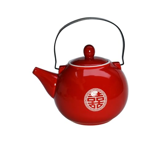 Chinese Teapot 28oz Porcelain Tea Pot Red Glazing with Detachable iron handle for Adults Men Women Tea Ceremony Wedding Party Home Decor (Double happiness Teapot)