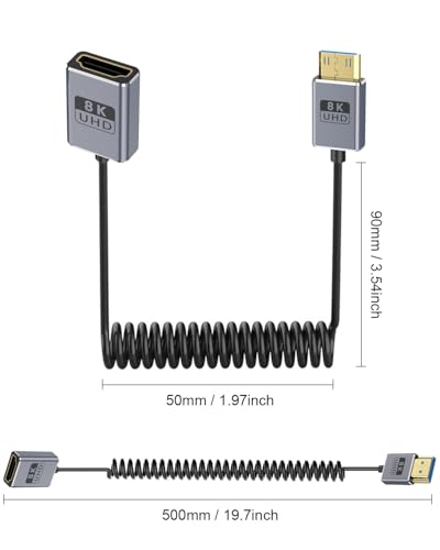 Cable Mini HDMI a HDMI 8K de 48Gbps con diseño en espiral coaxial flexible 3