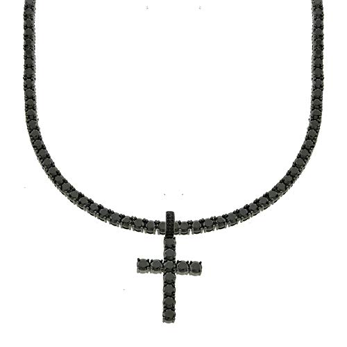 Men's Black Finish Round Cut Cubic Zirconia Cross Pendant with 1 Row Black Tennis Necklace Choker Chain 16-24 inches
