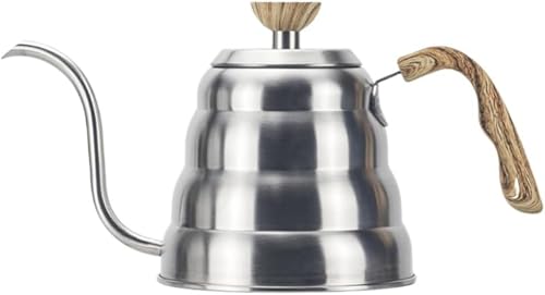GEBYUI 温度計付きステンレスドリップコーヒーケトル|アウトドア・家庭両用、直火 & 電磁調理器対応、木目柄ハンドル付き