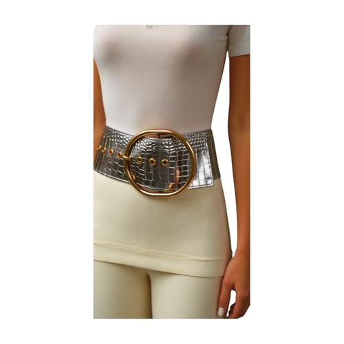 Women Silver Chrom Fashion Wide Belt - Hip High Waist Big Gold Oval Metal Buckle S M Metallic Pewter3