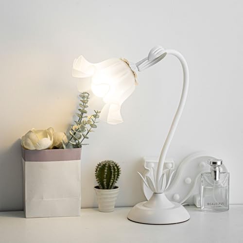 meibeileil Fleur Lampe de Bureau Led,Métal+PE Col de Cygne DIY Lampe de Bureau avec 3-Lampes pour Filles,Salon,Chevet,Blanc.