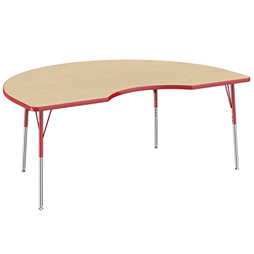 Image of FDP Kidney Activity School and Office Table (48 x 72 inch), Standard Legs with Swivel Glides for Collaborative Seating Environments, Adjustable Height 19-30 inches - Maple Top and Red Edge
