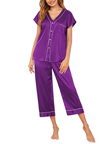Ekouaer Satin Pajama Set Womens Short Sleeve V Neck Silky Shirt with Capri Pant Button Down PJs Soft Satin Loungewear