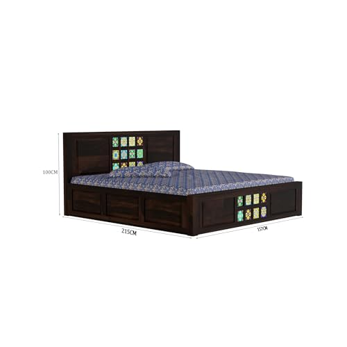 Image of Wooden Queen Size Bed with Storage | Multicolor Tile Design Double Bed Cot with Box Storage for Bedroom & Hotel | Sheesham Wood | Walnut | Recommended Mattress Size: 78 X 60