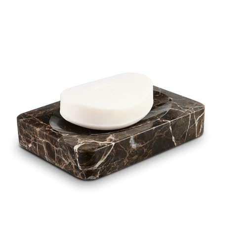 HAMAKAWA Porte-savon rectangulaire en marbre naturel, porte-éponge en pierre marron foncé pour salle de bain, baignoire, douche et évier de cuisine,...