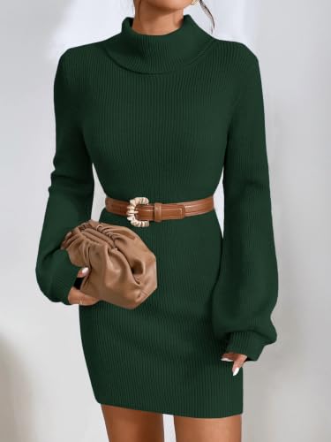 Image of Turtleneck Sweater Dress for Women Lantern Sleeve Mini Bodycon Ribbed Knit Sweater Pullover Short Dresses XS-XXL