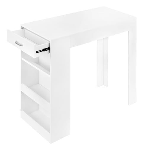 WOLTU Mesa Bar Alta, Mesa Cocina con Estantería Lateral de 1 Cajon, 1 Botellero y 2 Estantes, Mesa Auxiliar Alta y Extrecha para Comedor, Salón y Estudio, 100x50x100 cm, Blanco, BT47ws