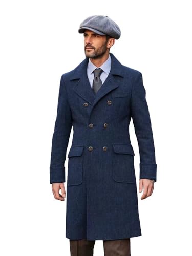 Mens Trench Coat Tweed Overcoat for Men Vintage Herringbone Mens Coat Long Winter Jacket Men Pea Coat