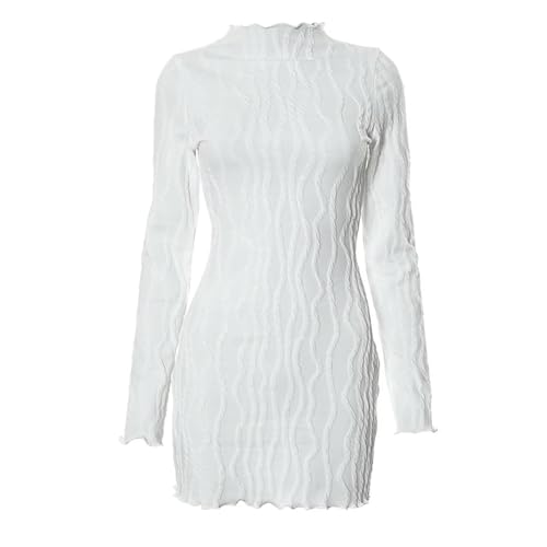 Weißes, lässiges, faltiges Damenkleid mit Holzohren und Langen Ärmeln,...