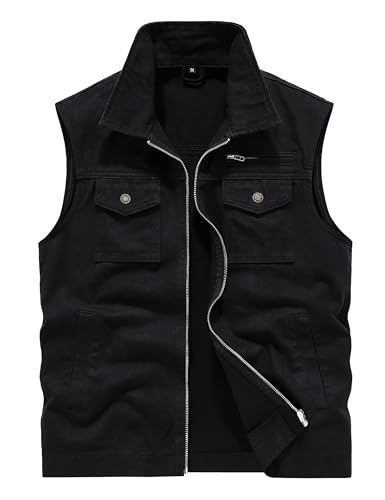 Men’s Full-Zip Cargo Vest Causal Sleeveless Jacket Spring Summer Denim Coat Outerwear Vests for Hiking Golf