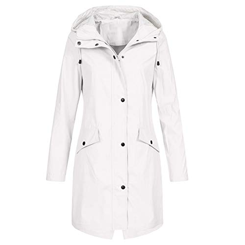 Women's Solid Color Rain Jacket Outdoor Raincoat Hoodie Waterproof Windproof Long Coat (White, M)